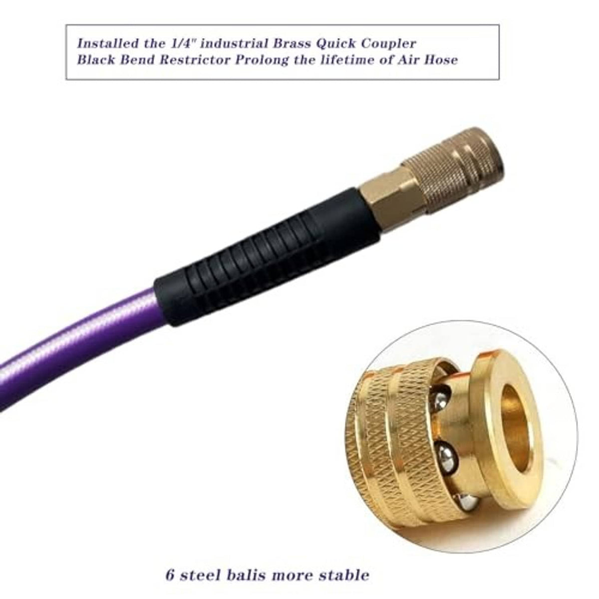 Purple air hose with brass quick coupler and black ribbed connector section