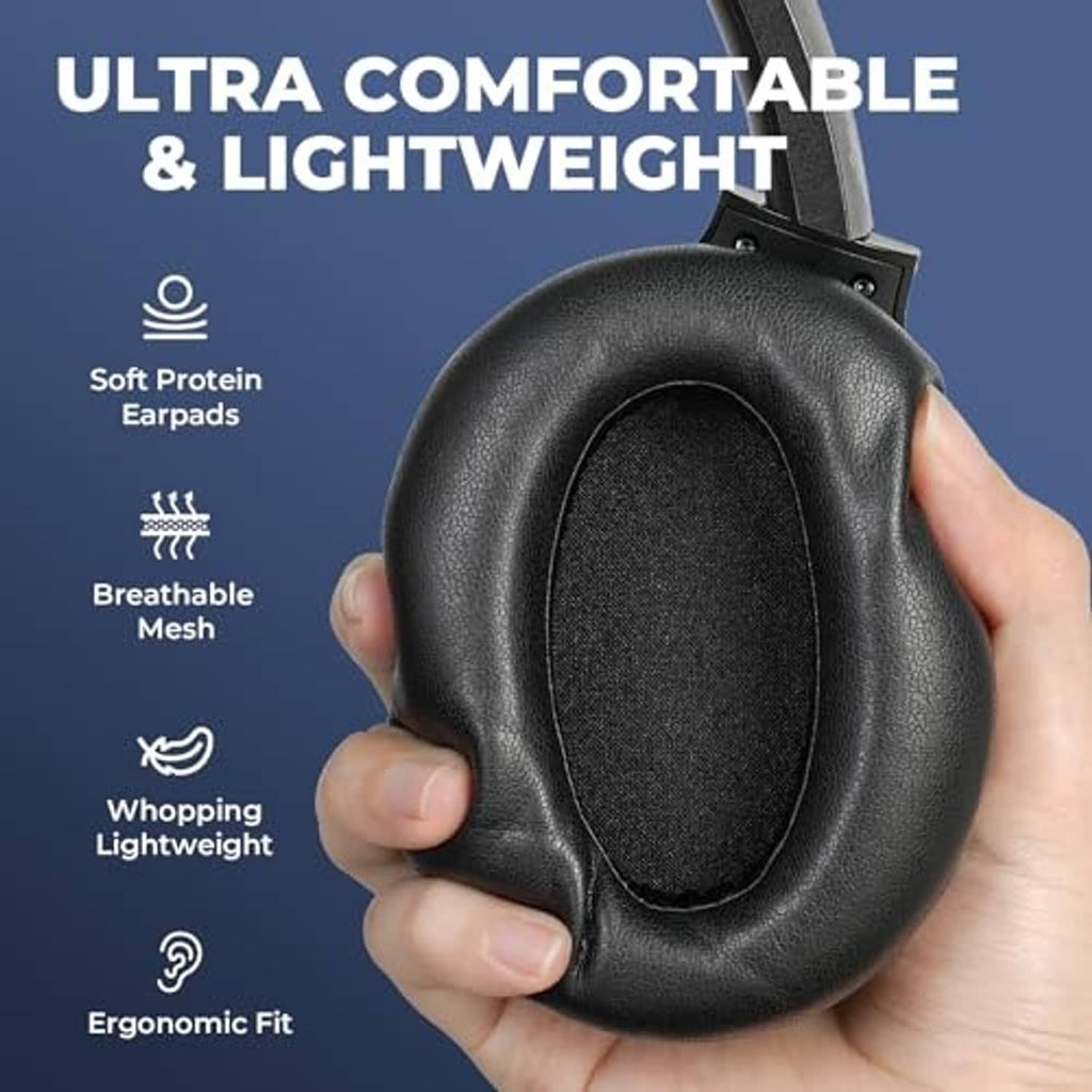 Black over-ear ear pad with textured cushion and breathable mesh backing