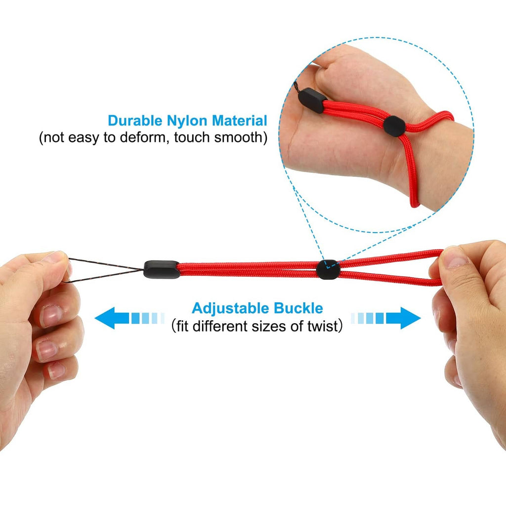 Red hand wrist strap lanyard with adjustable buckle and black end caps