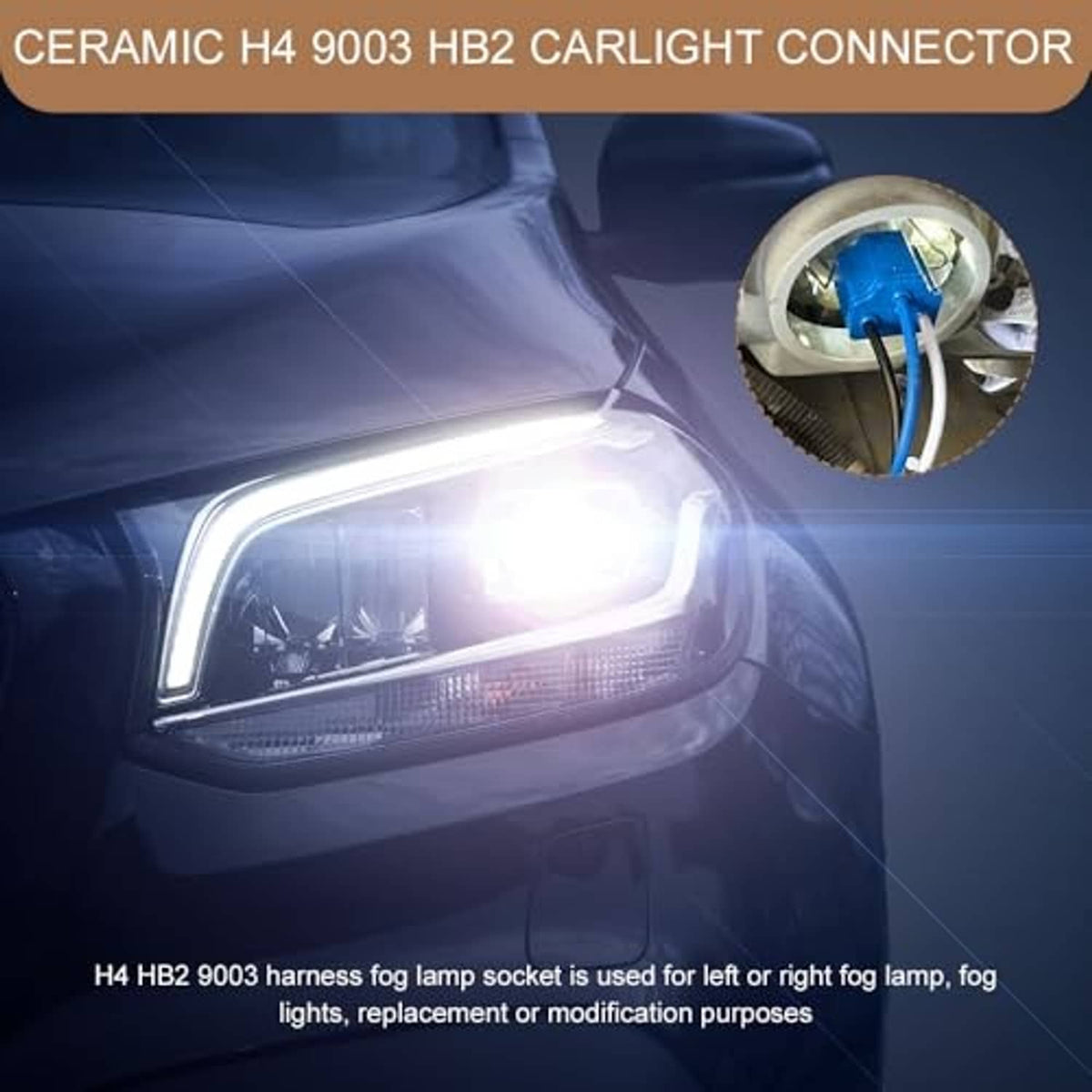Blue car light ceramic connector adapter with exposed terminal contacts and wire leads