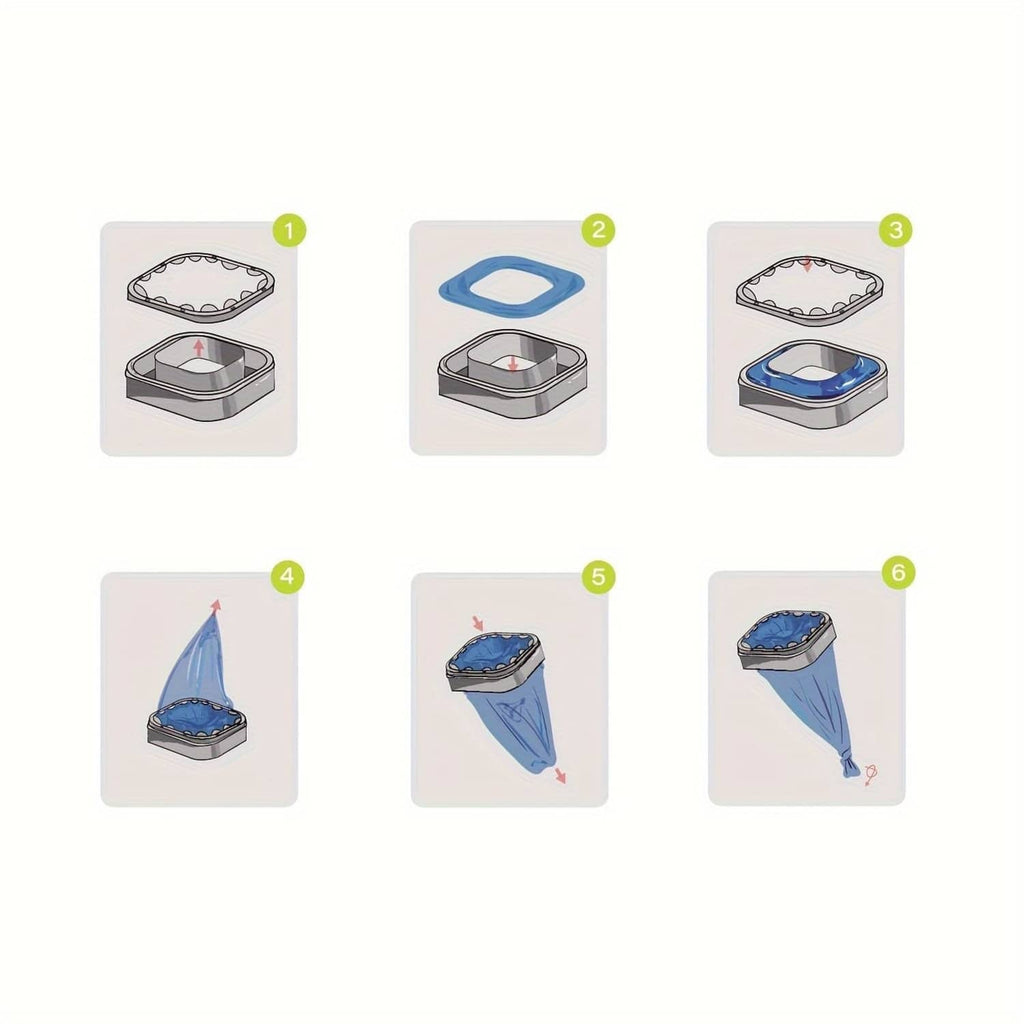 Cat litter disposal refill bag instructions shown in six step icons on a card.
