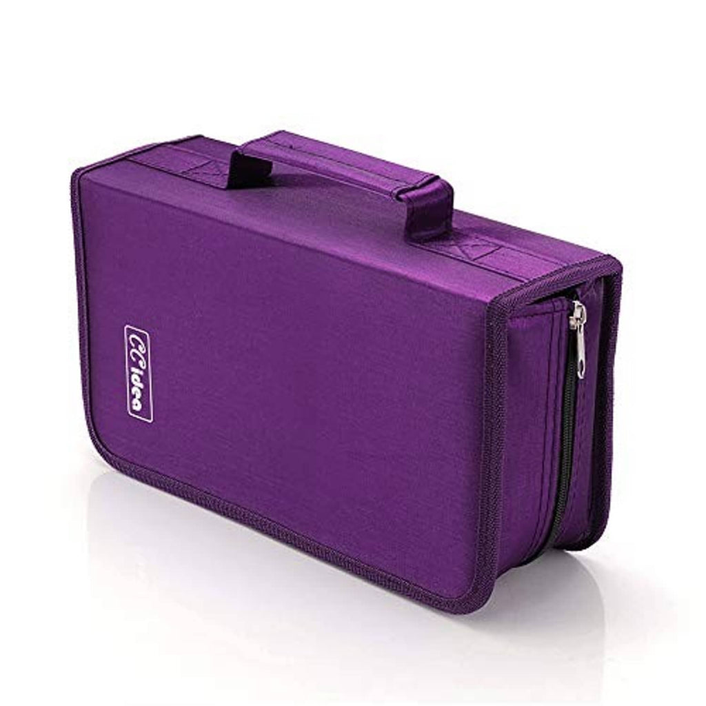 Purple CD/DVD storage binder case with logo, front zipper, and top handle
