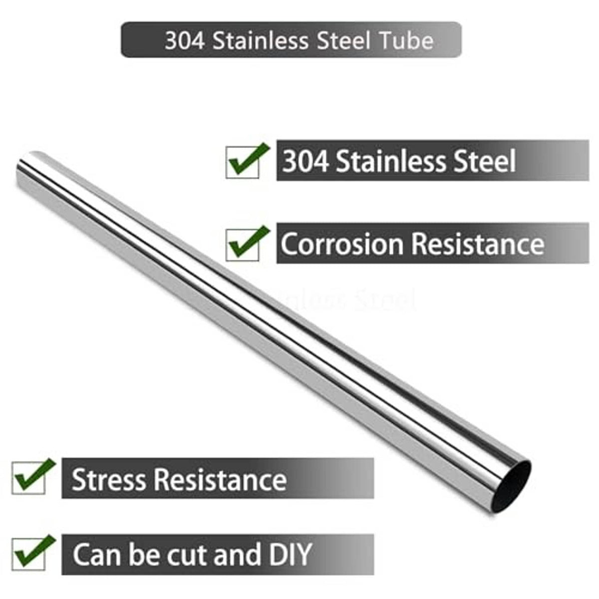 Polished stainless steel exhaust pipe tube, smooth surface, open black interior end