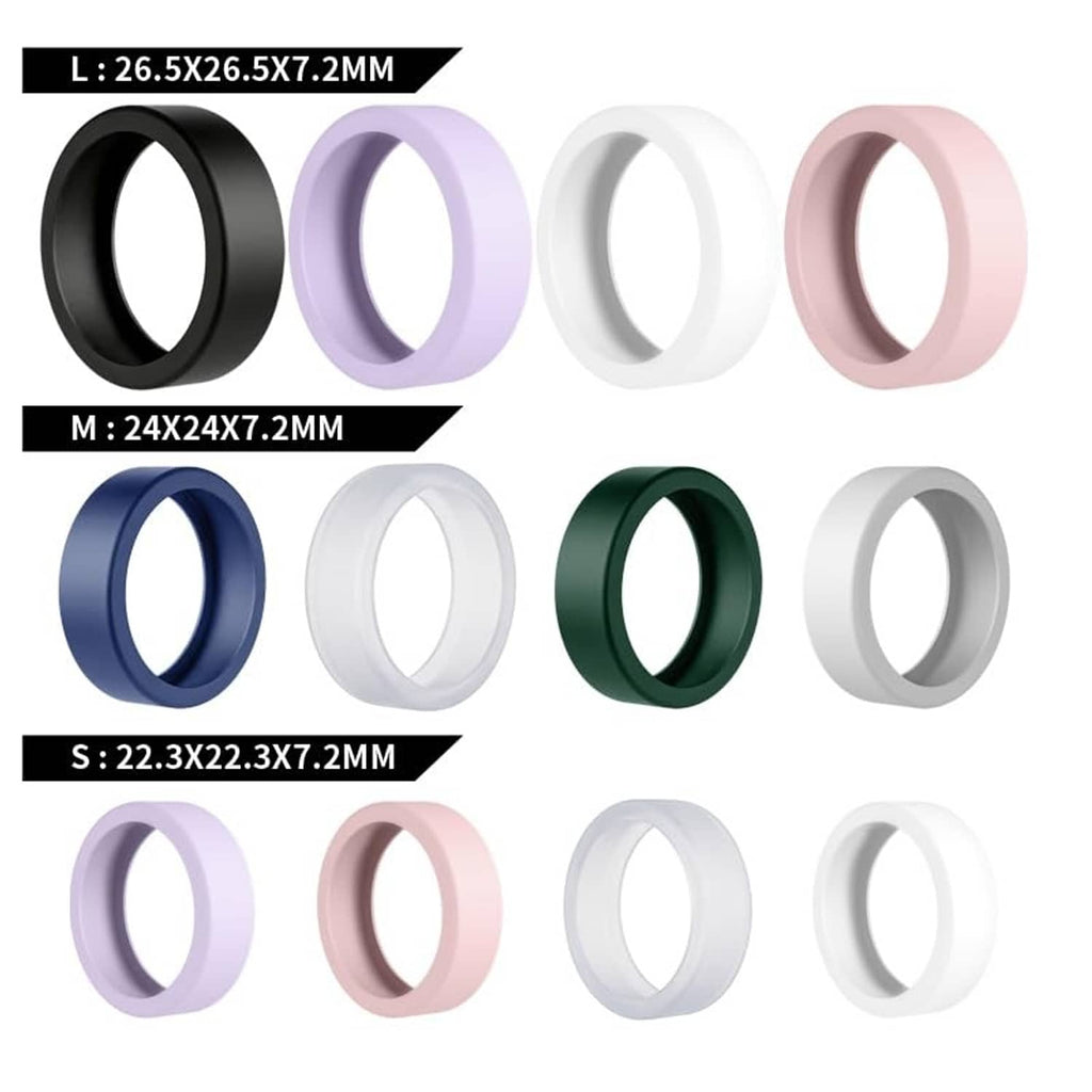 Silicone ring covers size options in black, lavender, white, blush, navy, green, and gray bands.