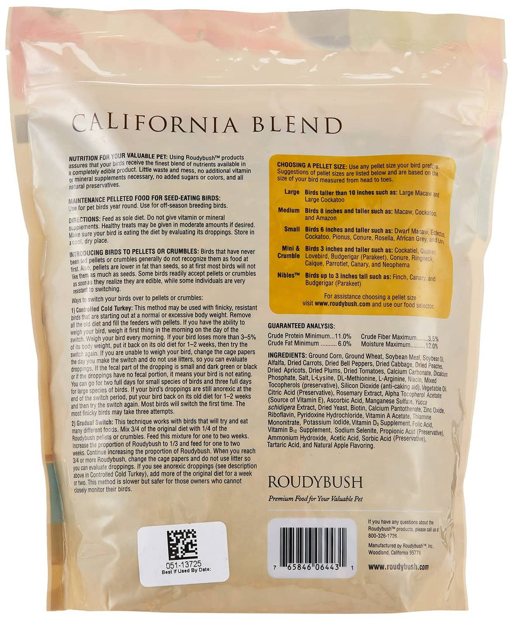 Roudybush California Blend bird food pouch back with feeding instructions and guarantees
