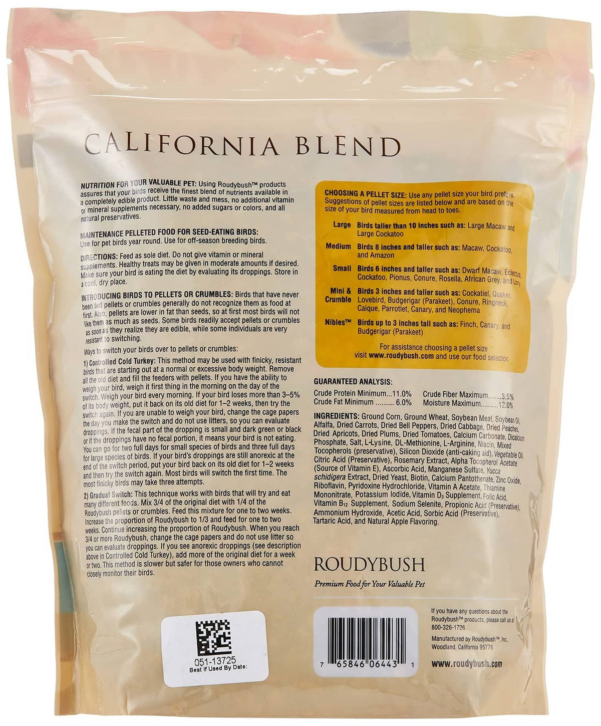 Roudybush California Blend bird food pouch back with feeding instructions and guarantees