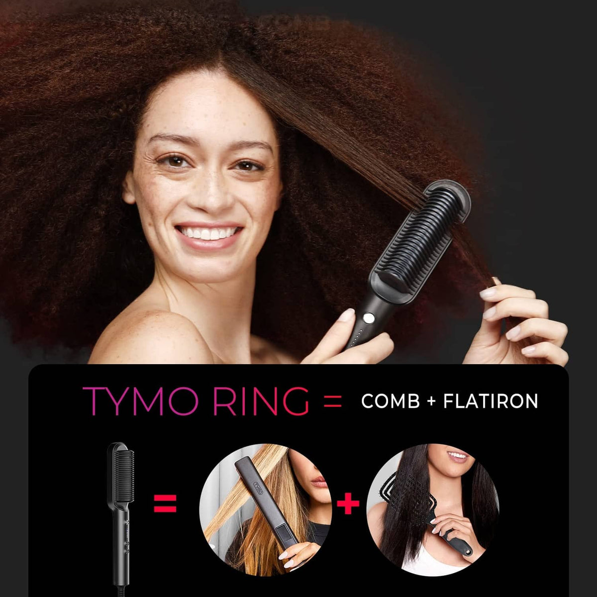 Black TYMO ring hair straightener brush held in hand, comb-style heating bristles
