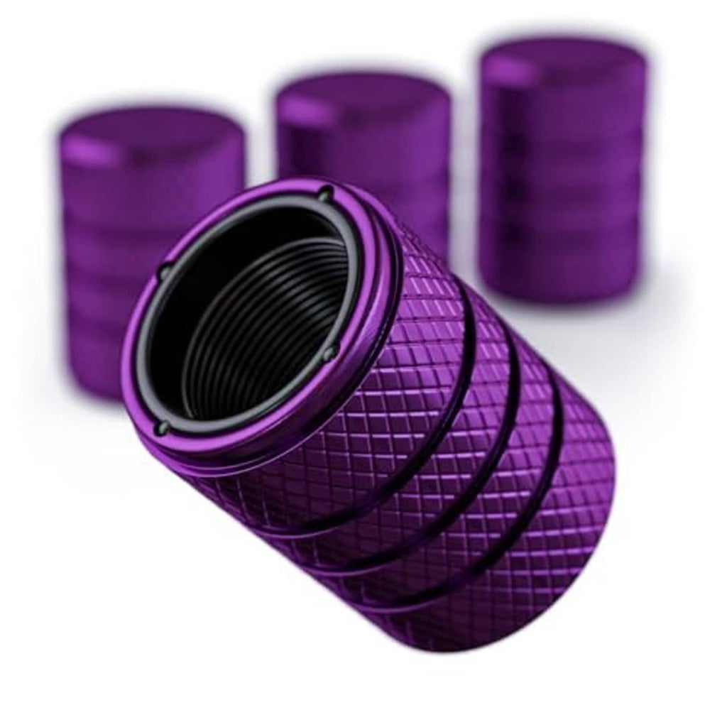 Plum purple aluminum tire valve stem caps with textured grip and threaded valve opening