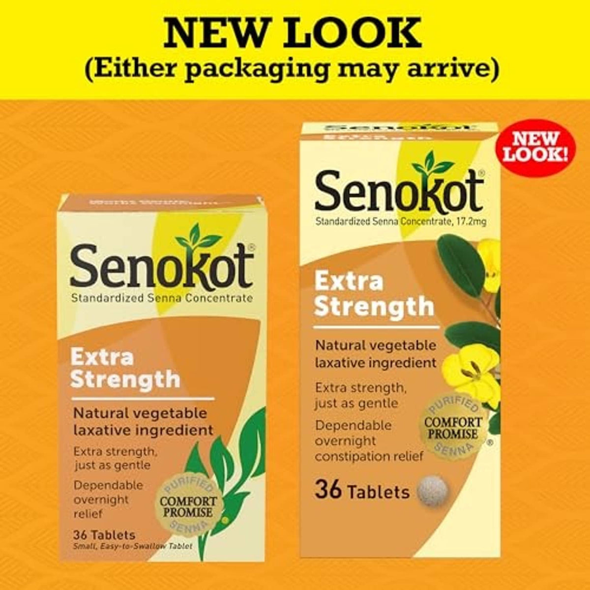 Senokot Extra Strength laxative box with 36 tablets, shown beside another package
