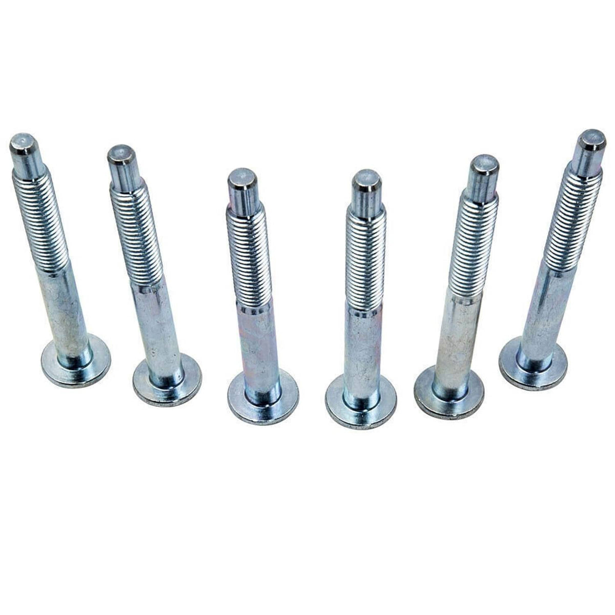 Tray of six chrome-like steel bolts with threaded shafts and rounded heads