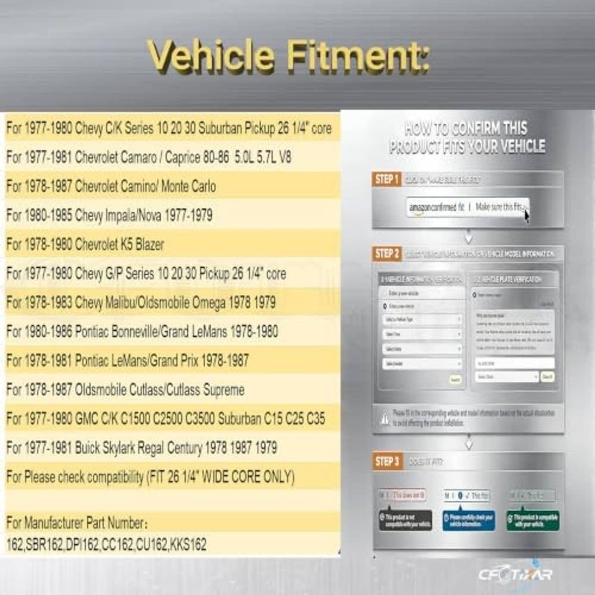 Radiator fitment information graphic for compatible vehicles and installation steps