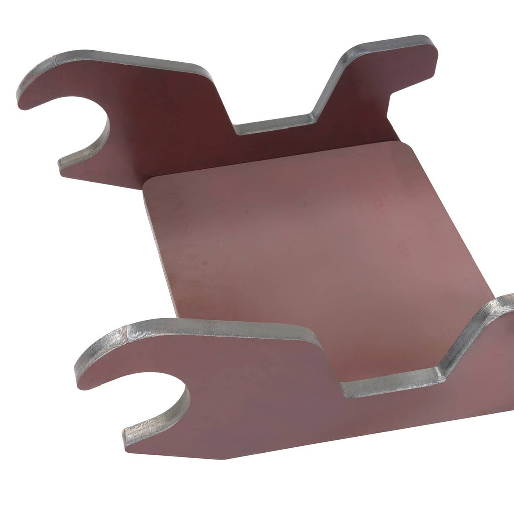 Bucket ear attachment, close-up of brown steel base with curved ear slots