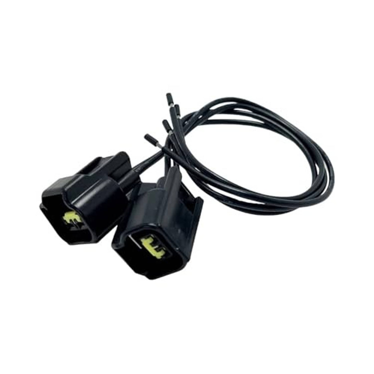 Camshaft sensor wiring harness set with two black plug connectors and wire lead loop