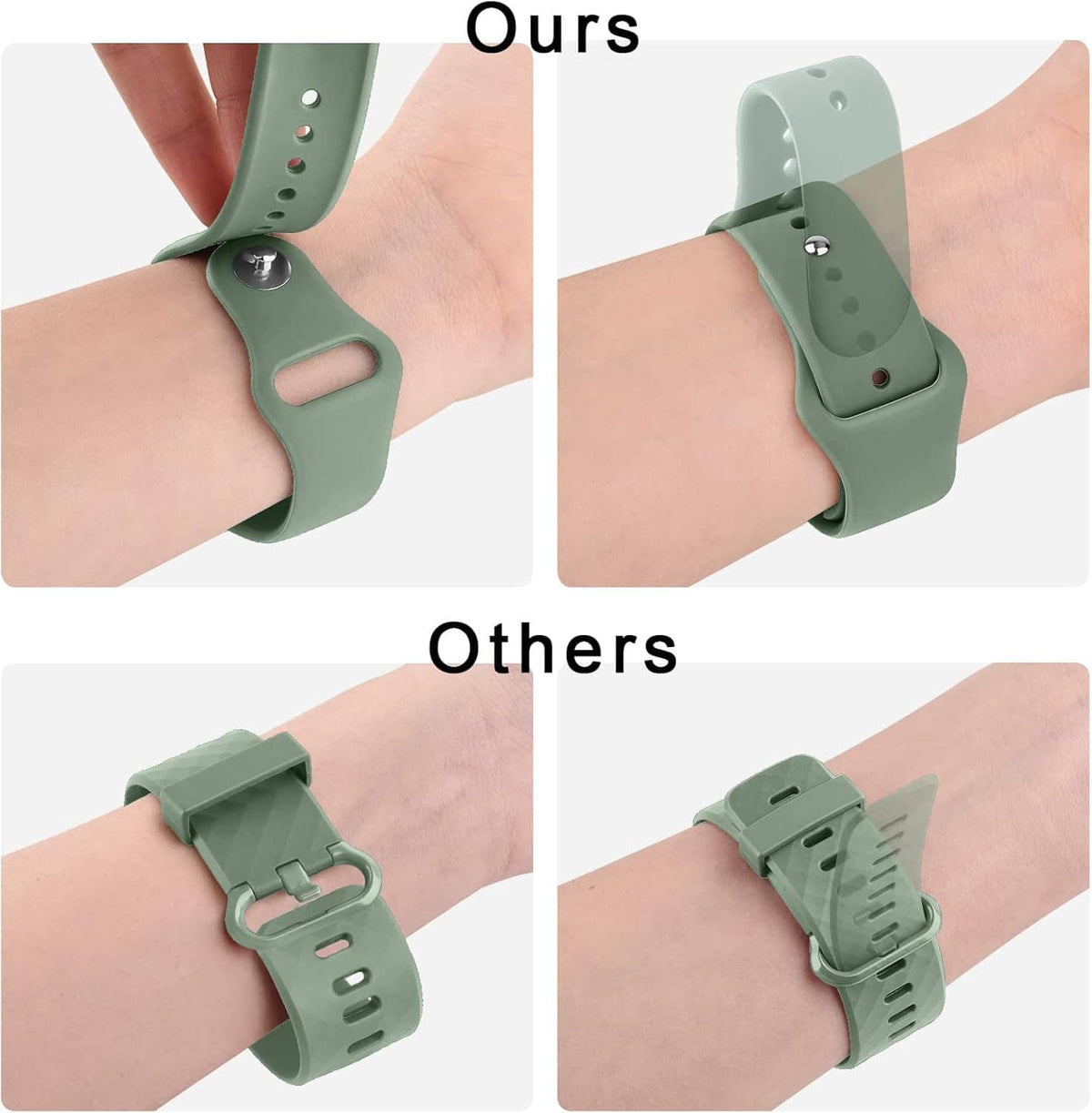 Mint green silicone watch band on wrist with quick-release clasp and pin holes