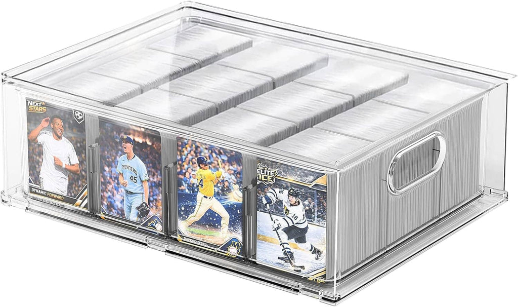 Clear trading card organizer box with handle and front card sleeves behind window