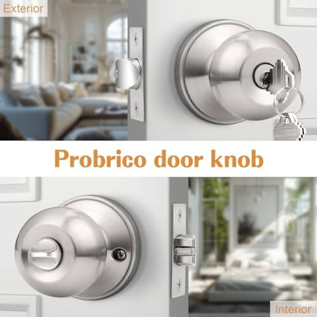 Brushed nickel keyed entry door knob with key, shown on exterior door