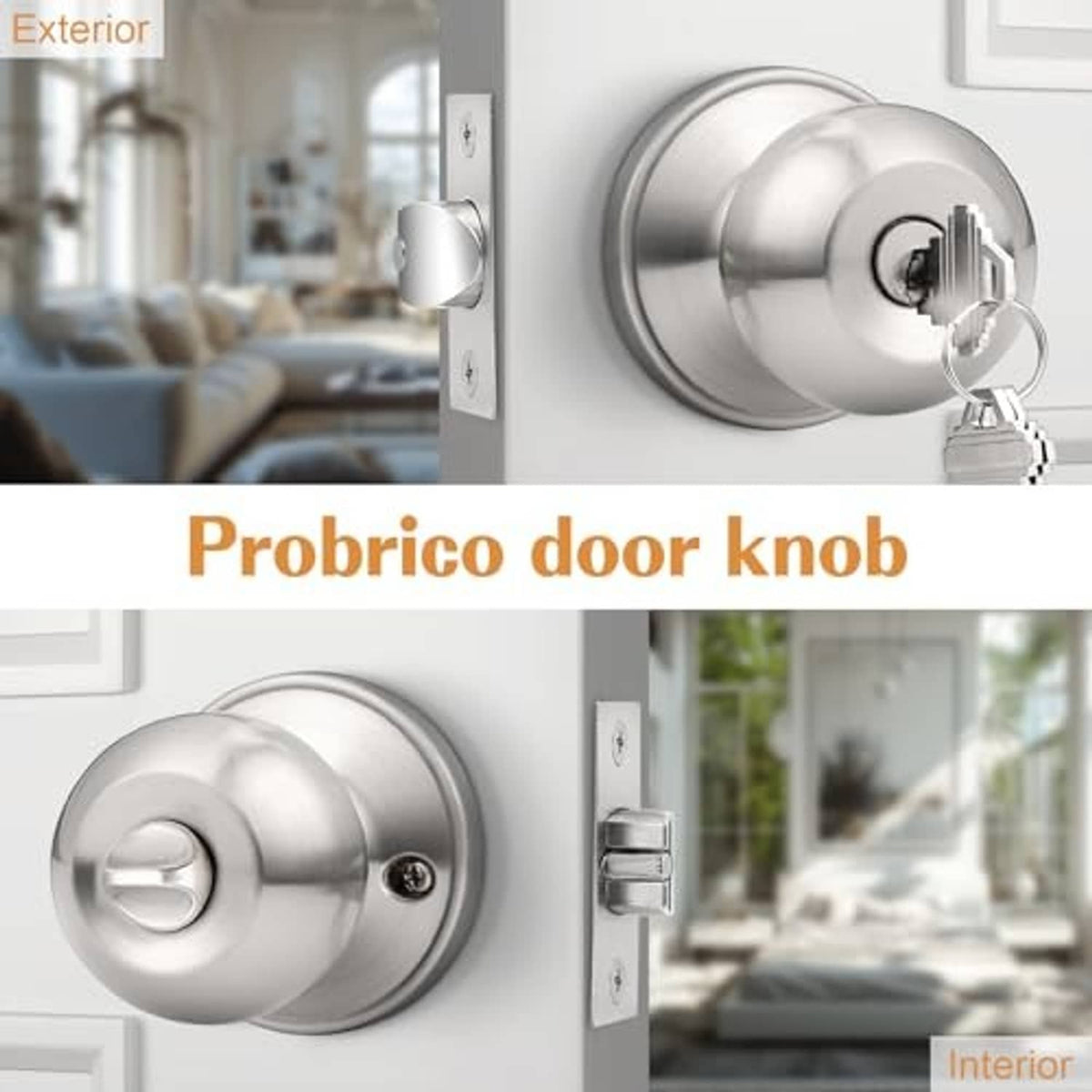 Brushed nickel keyed entry door knob with key, shown on exterior door