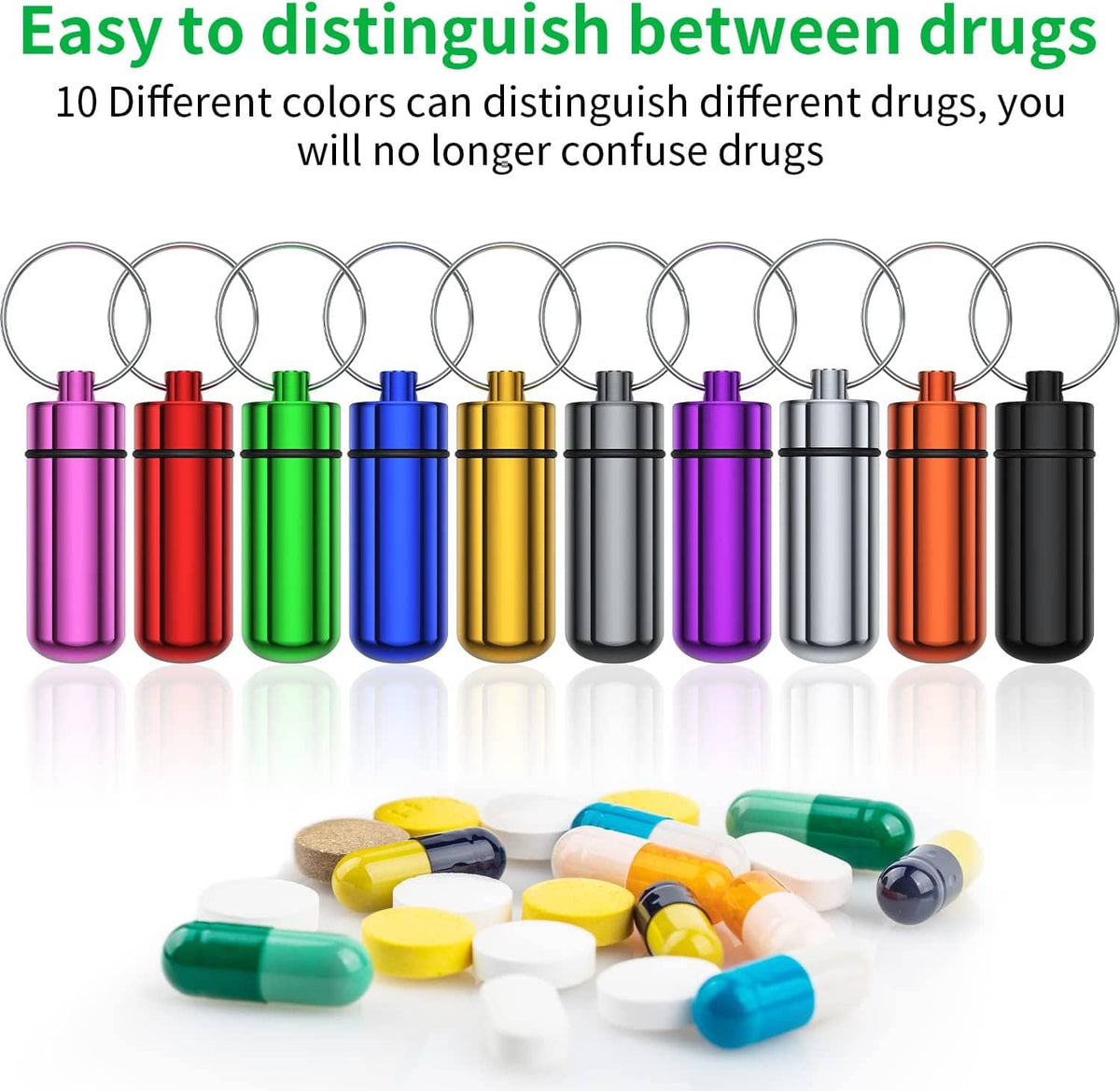 10-pack pill cases with key rings in multiple colors above assorted pill tablets.