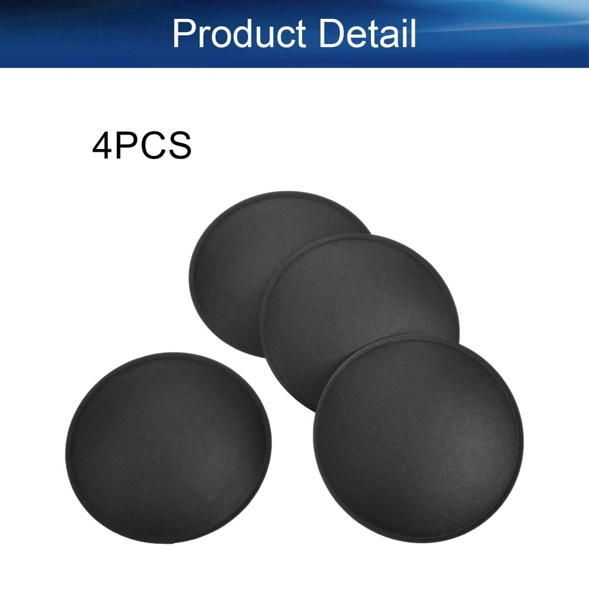 Four black speaker dust cap domes, round disks stacked at different angles
