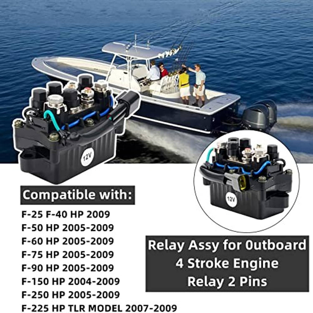 12V outboard relay assembly mounted on an outboard motor housing, black with blue wire