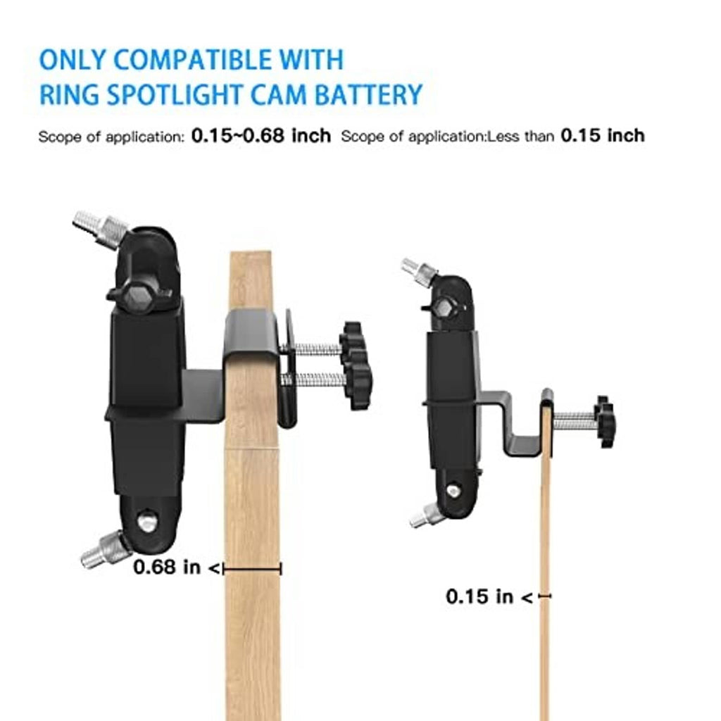 Black gutter mount bracket set with size views for Ring Spotlight Cam Battery