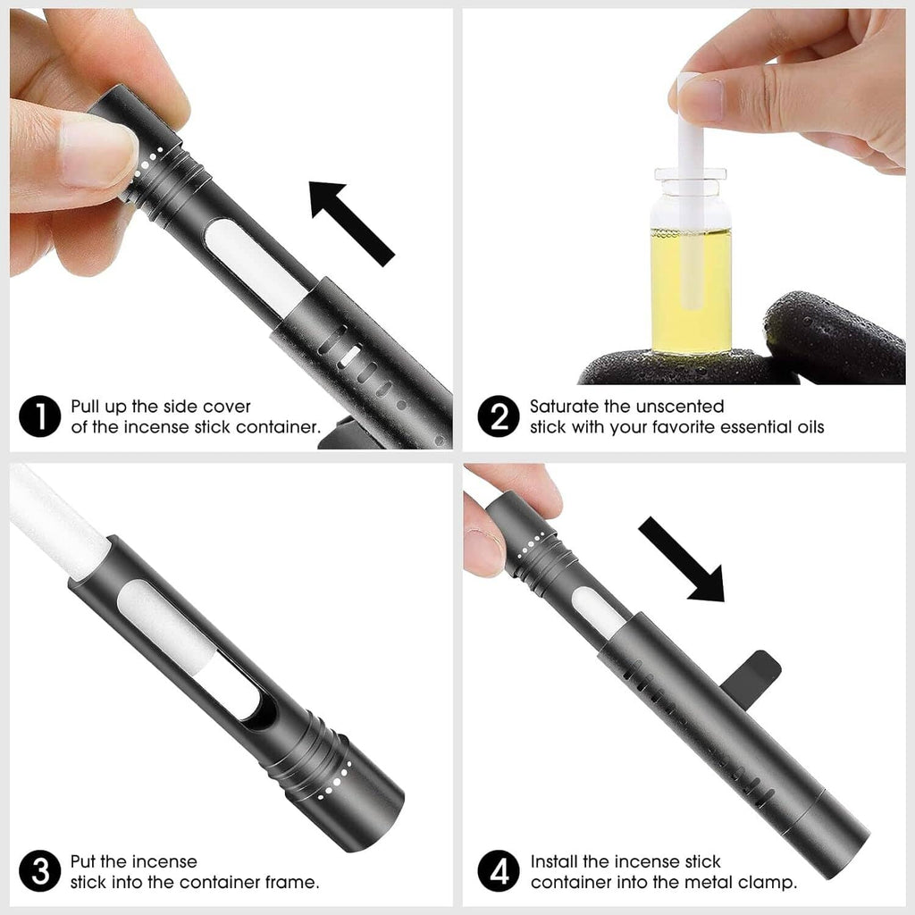 Rotating diffuser stick container opened and an incense stick inserted