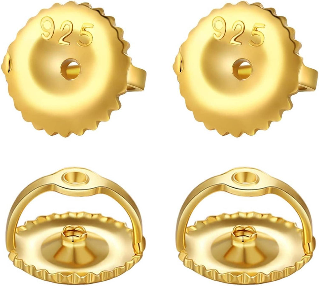 Pair of gold screw-back earring replacements with circular ridged edges and 925 marking