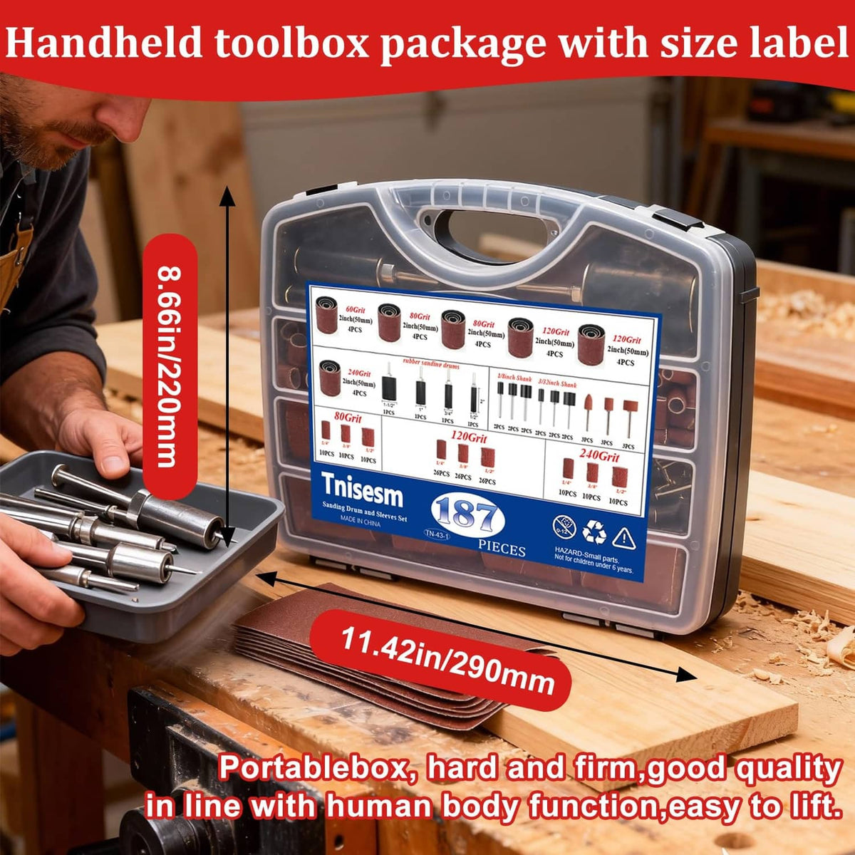 Portable hard toolbox with labeled compartments holding sanding drums and sleeves set