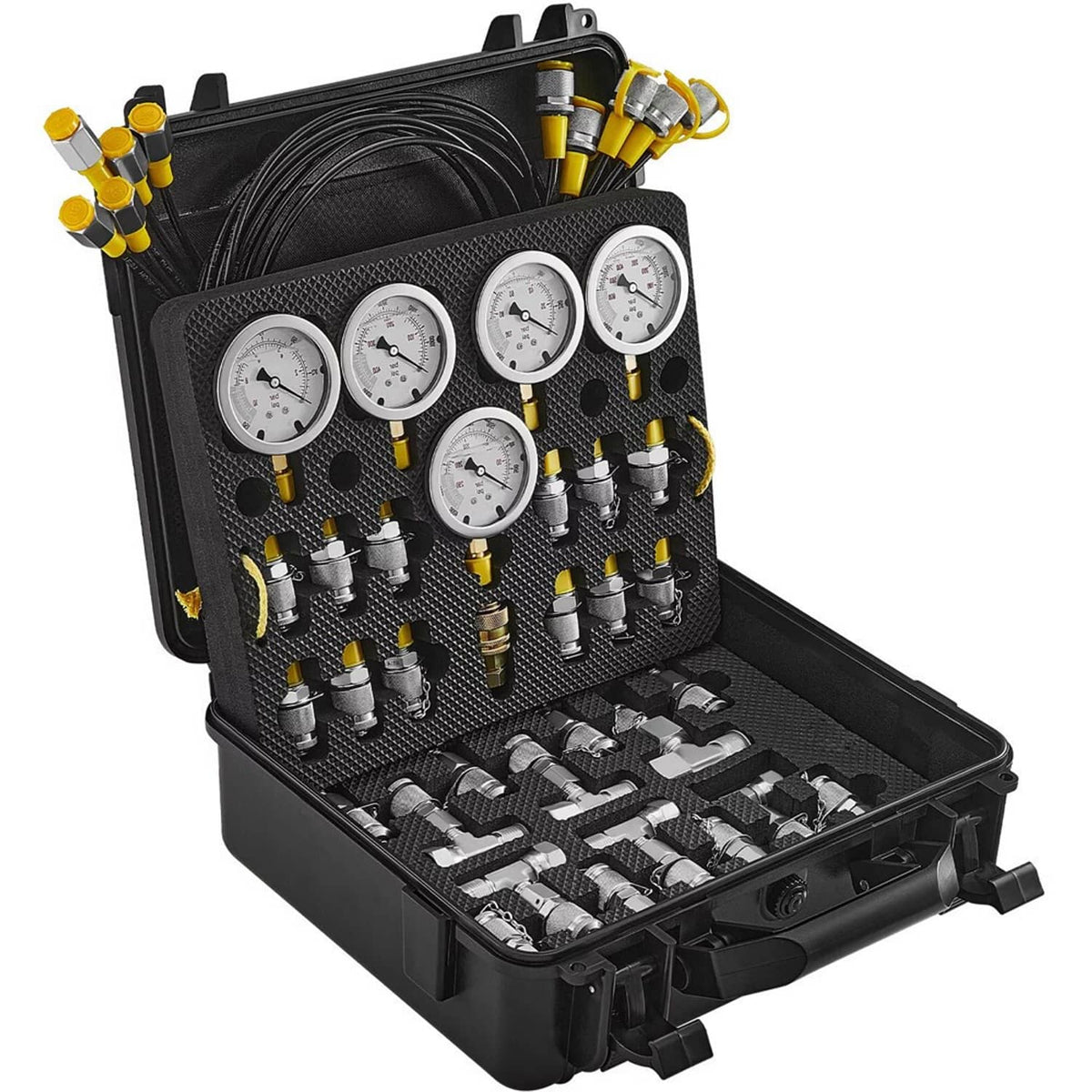 Hydraulic pressure test kit open case with gauges, coiled hoses, and organized connector set