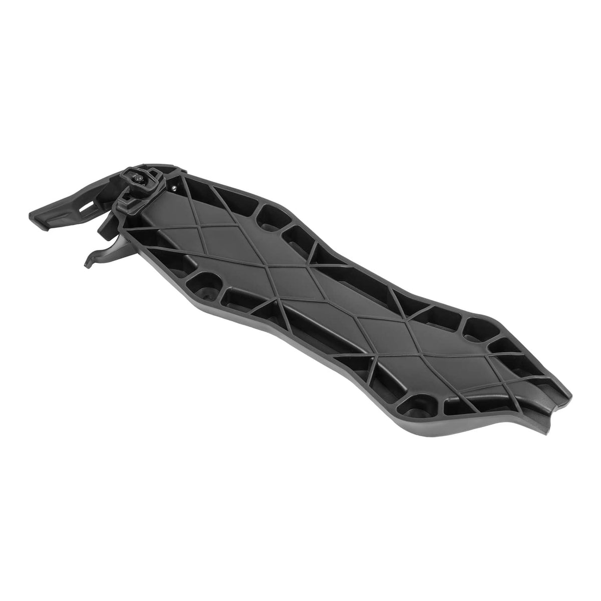 Black plastic fuel caddy base with molded channels and mounting points