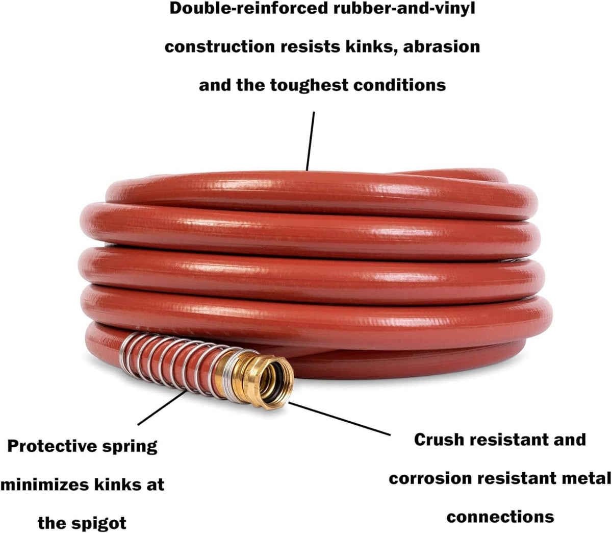 Red 3/4 in x 50 ft water hose coil showing metal connections and spring area.
