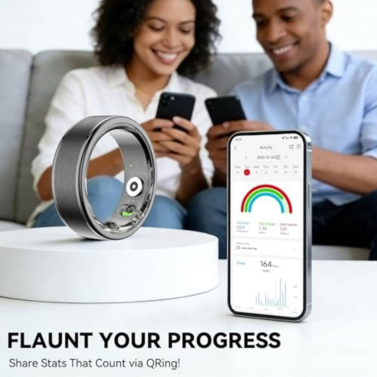 Smart ring with phones showing activity stats and progress chart for fitness tracking