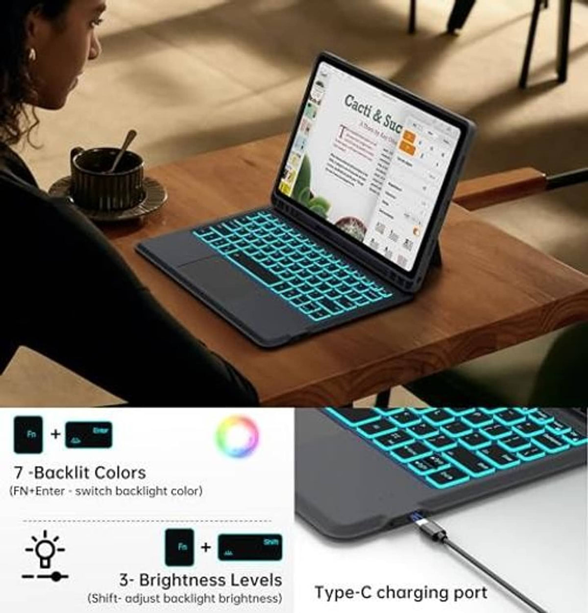 Black tablet keyboard case on a desk with teal backlit keys in use