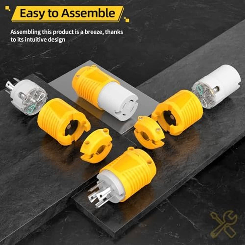 Generator locking female plug and spare components with yellow housings and white ends.