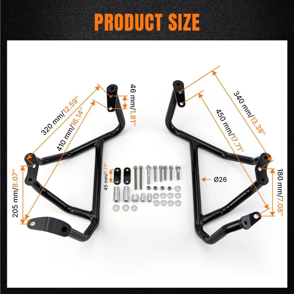Black motorcycle engine guard crash bar with included mounting bolts and hardware