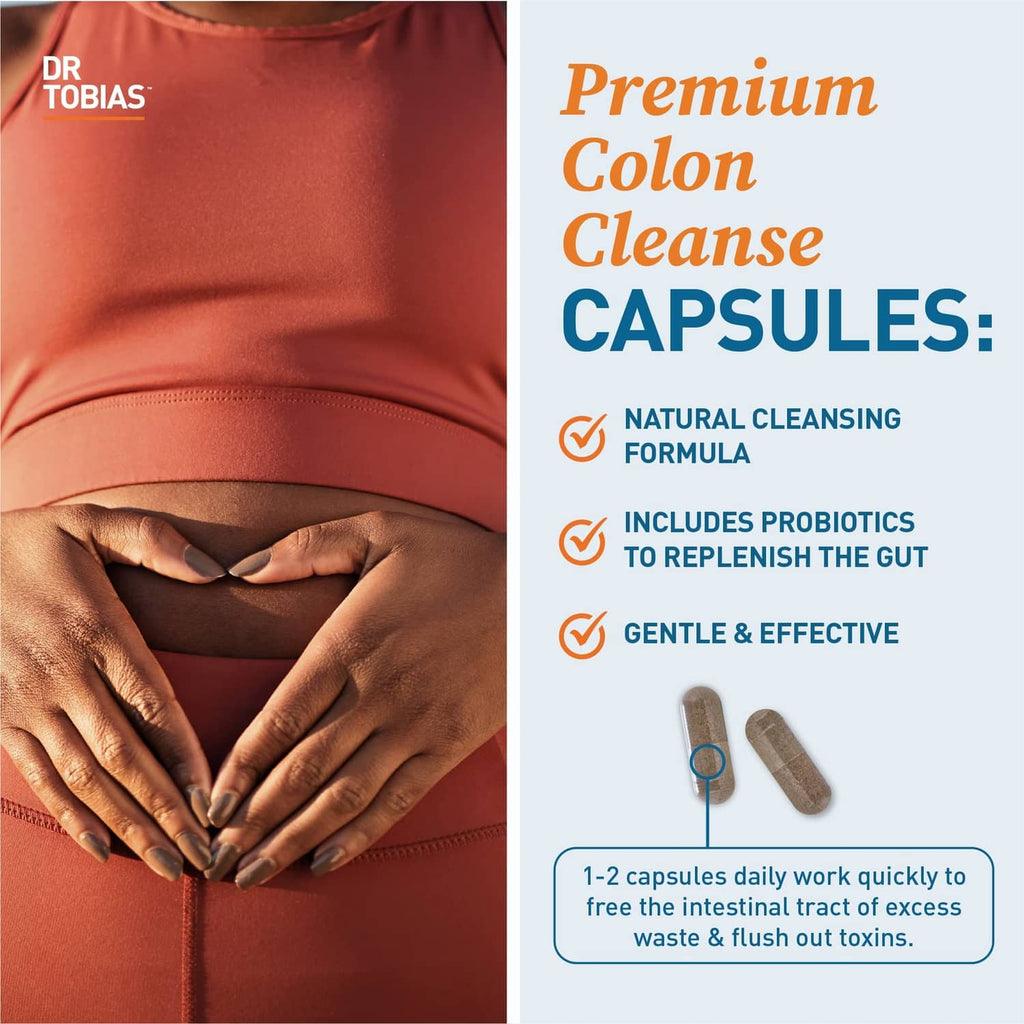 Colon Cleanse capsules graphic with hands forming a heart over an orange top