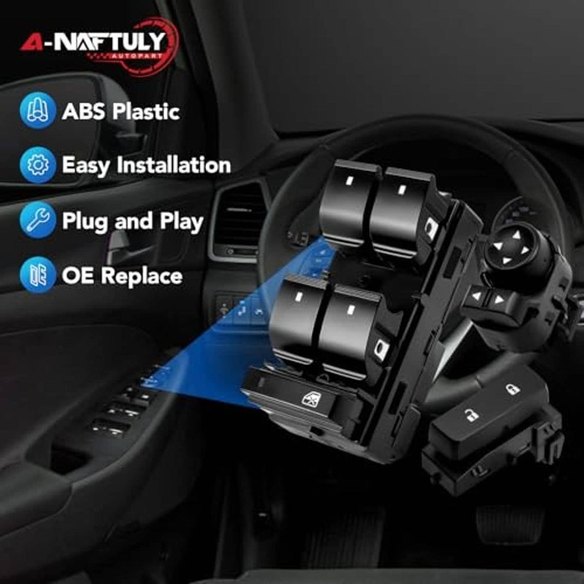 Black ABS window switch module with rocker switches and control knob, plug-and-play design