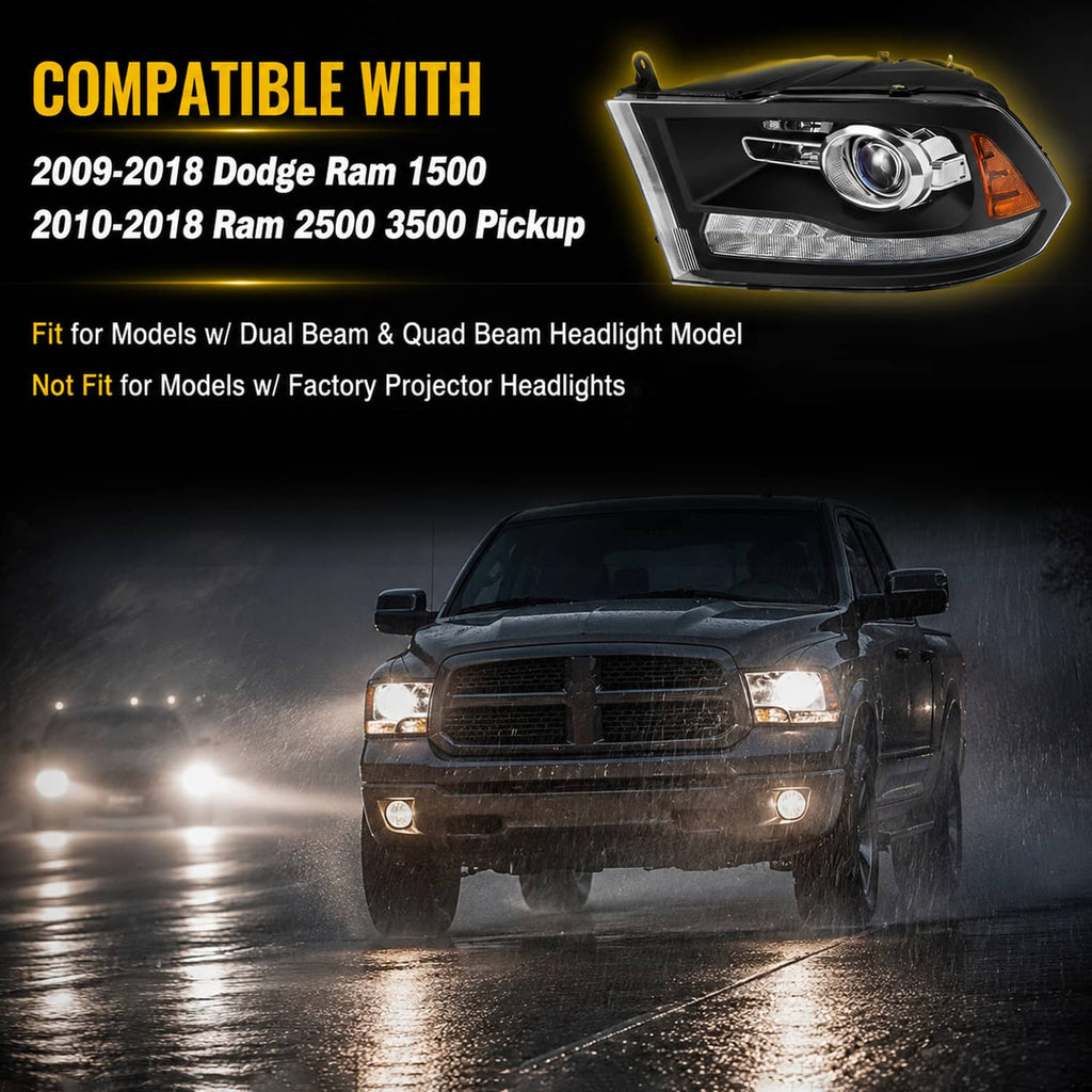 Front view pickup with black projector headlights and amber side marker lights