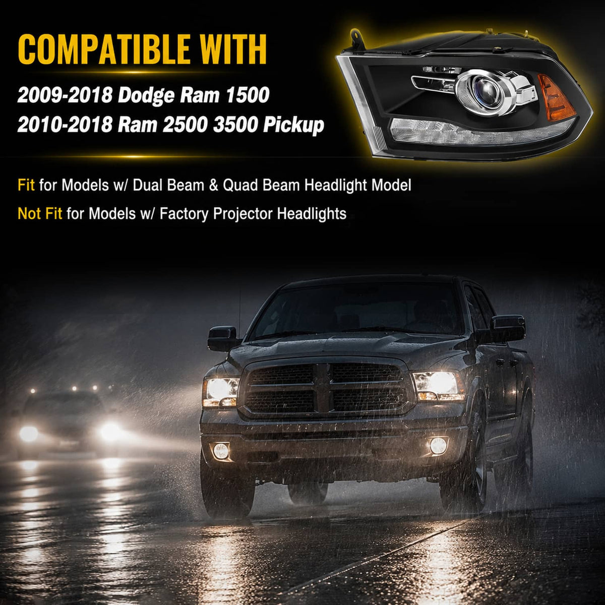 Front view pickup with black projector headlights and amber side marker lights