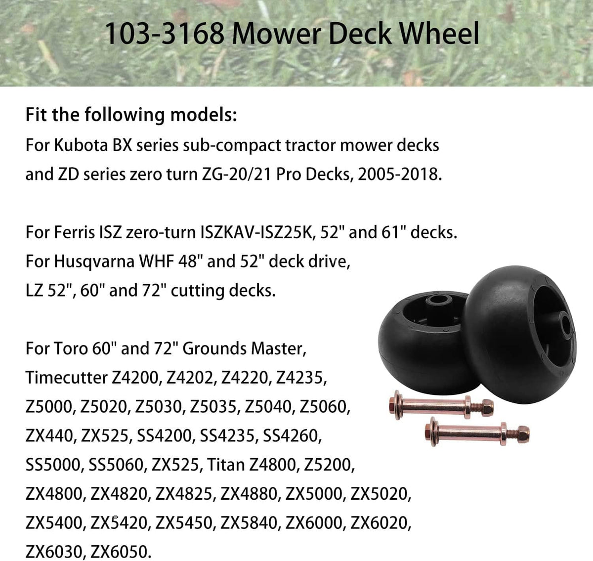 Mower deck wheel set with black wheels and copper-toned axle bolt hardware