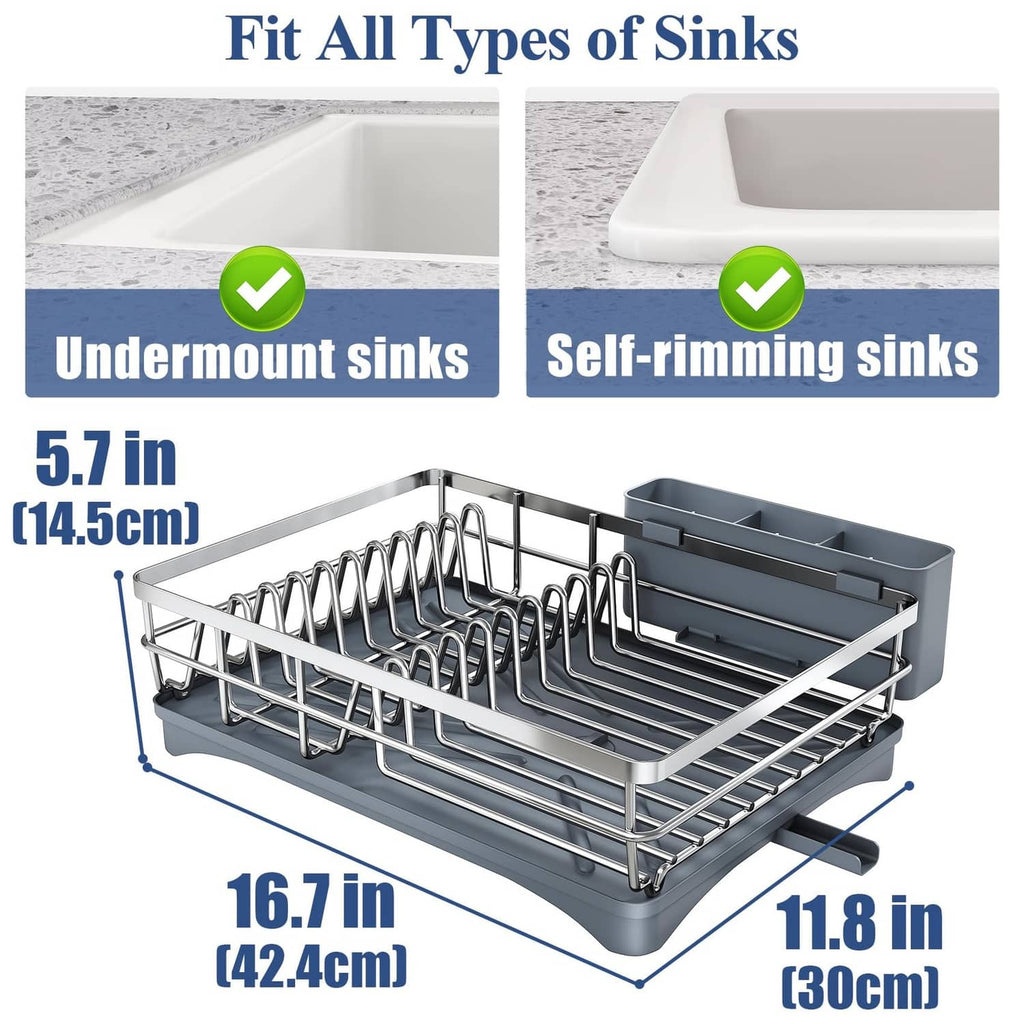 Silver over-sink dish rack with wire shelves sized for everyday dish drying.