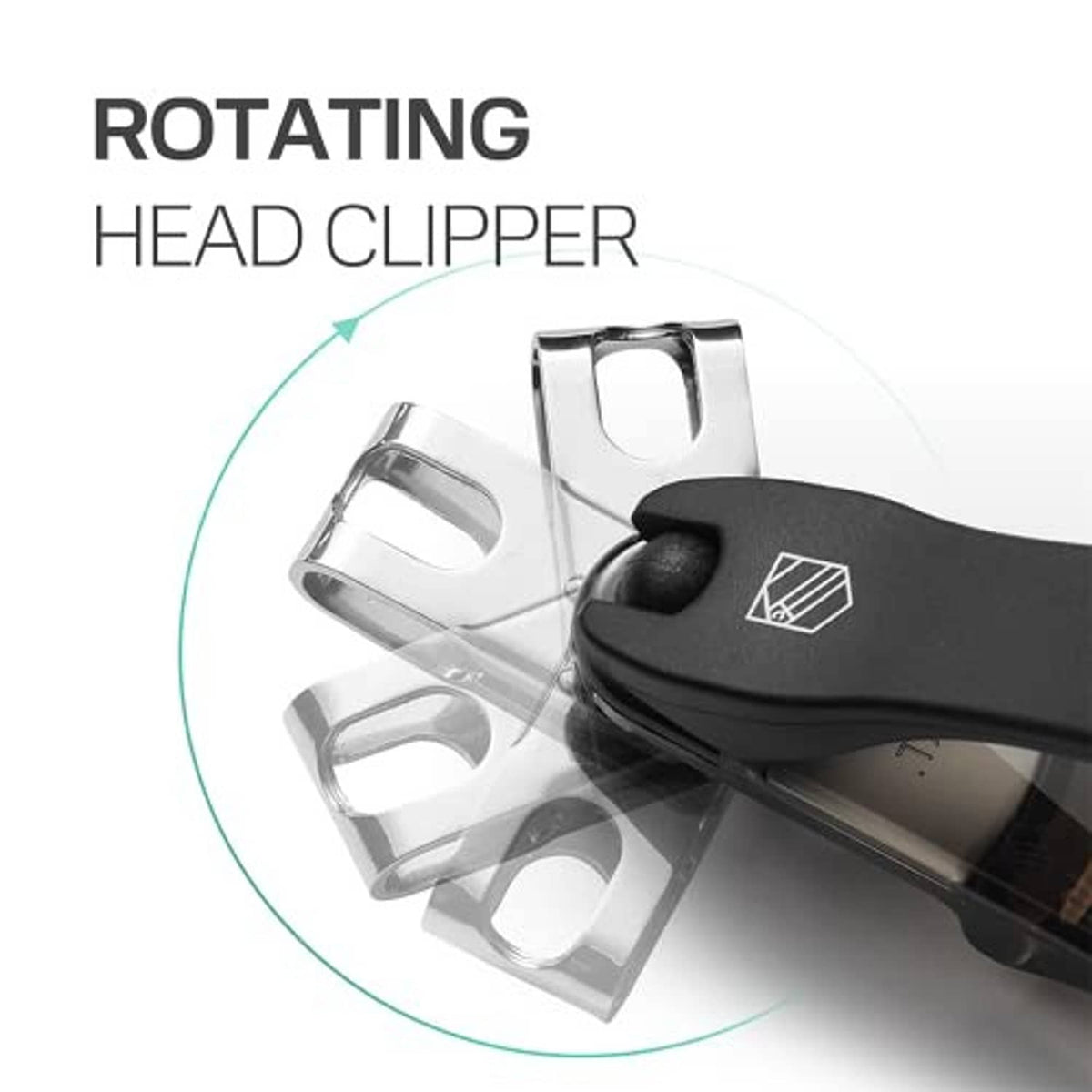 Rotating head nail clipper with clear cover, black handle and stainless jaw