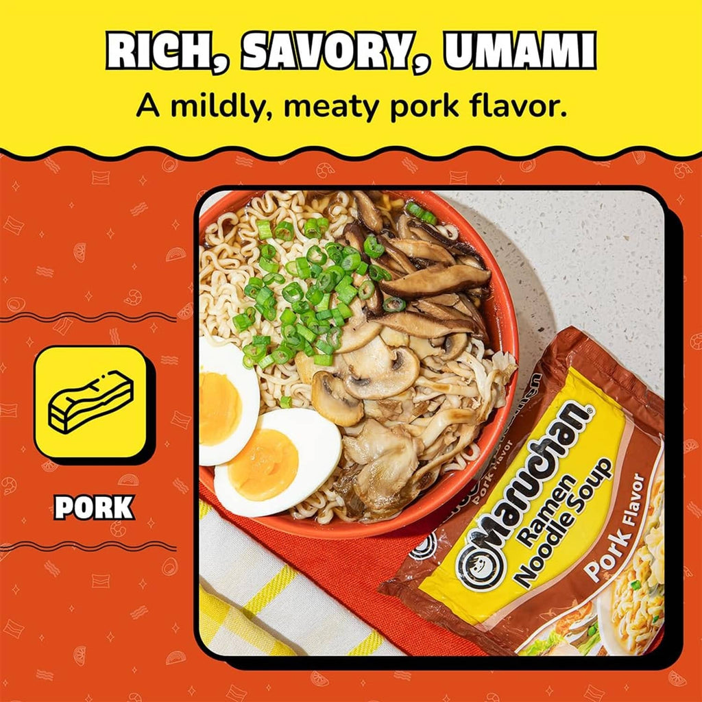 Maruchan ramen pork flavor packet beside bowl of noodles with mushrooms and egg