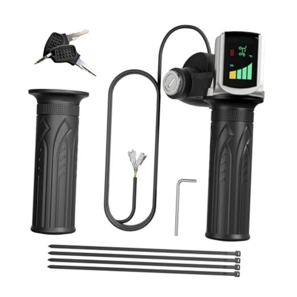 Black half-twist e-bike throttle with key lock, LED display, and included cables
