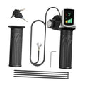Black half-twist e-bike throttle with key lock, LED display, and included cables