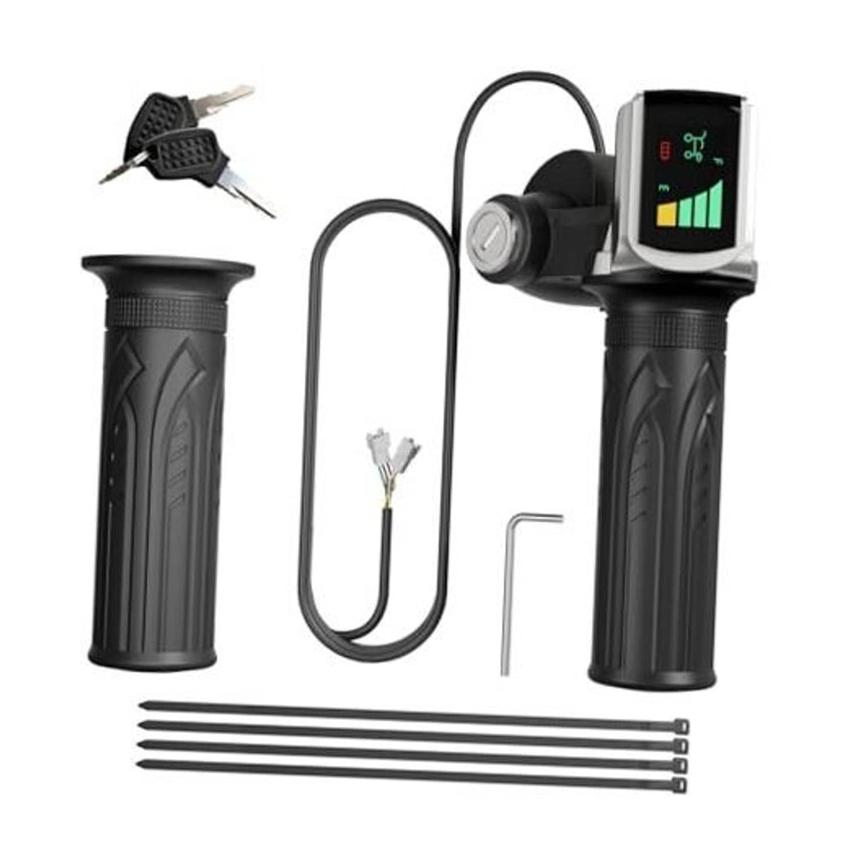 Black half-twist e-bike throttle with key lock, LED display, and included cables