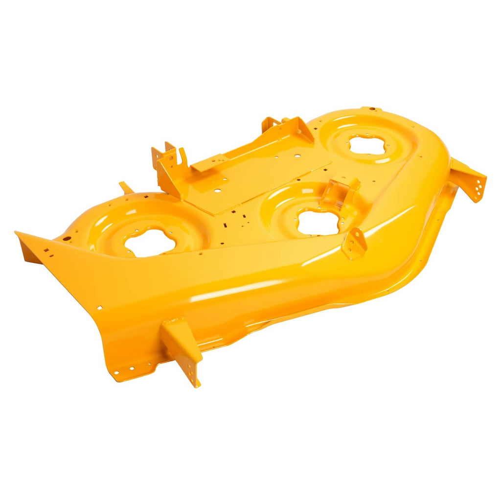 Yellow steel mower deck shell with circular cutouts and outer support brackets