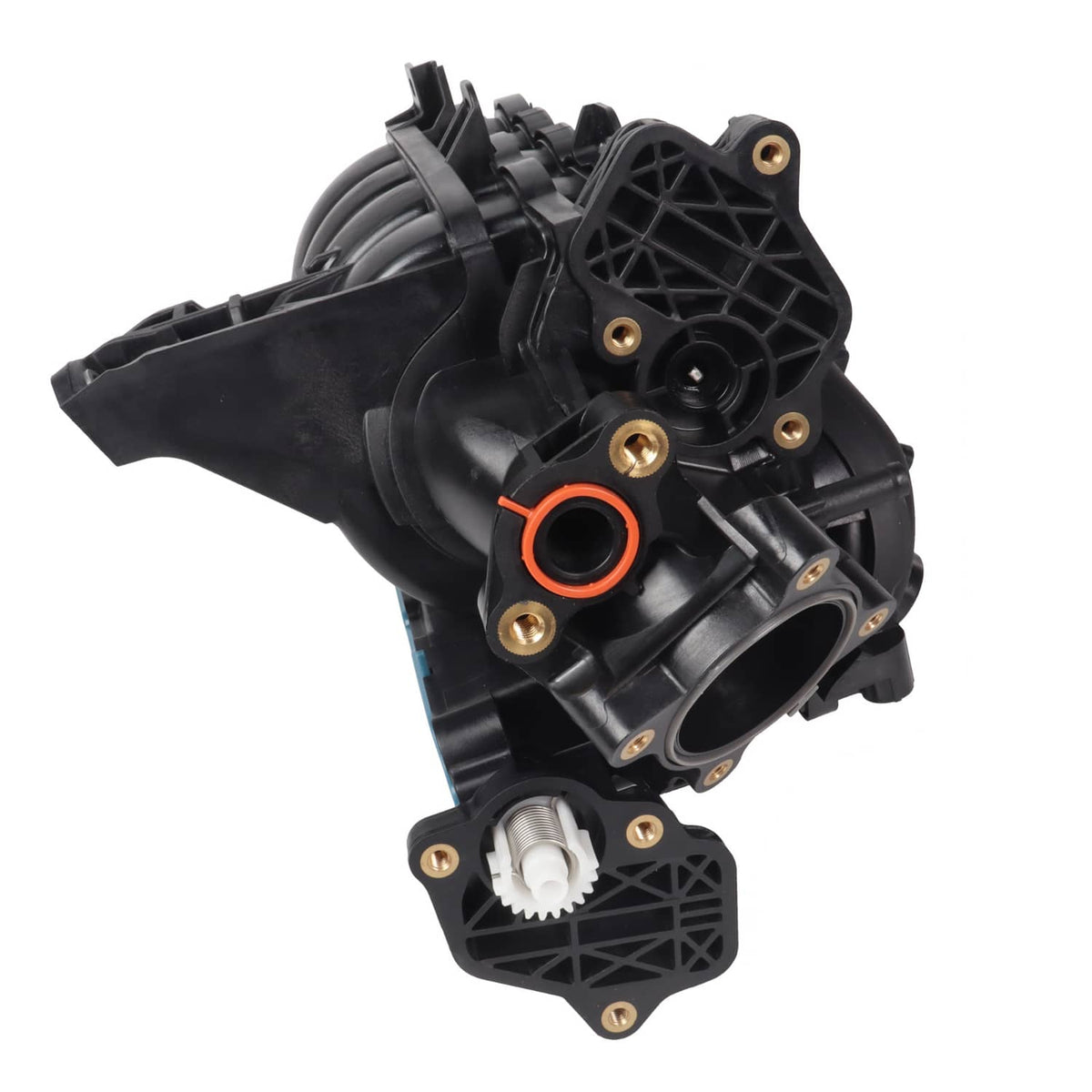 Black air intake manifold with orange-ring sensor port and white connector