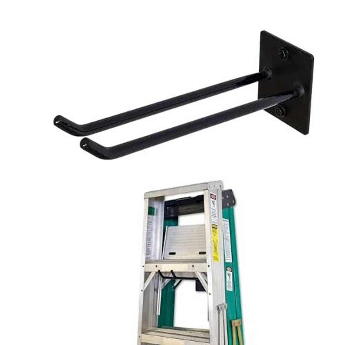 Black powder-coated steel ladder hanger with two arms and wall mounting plate.