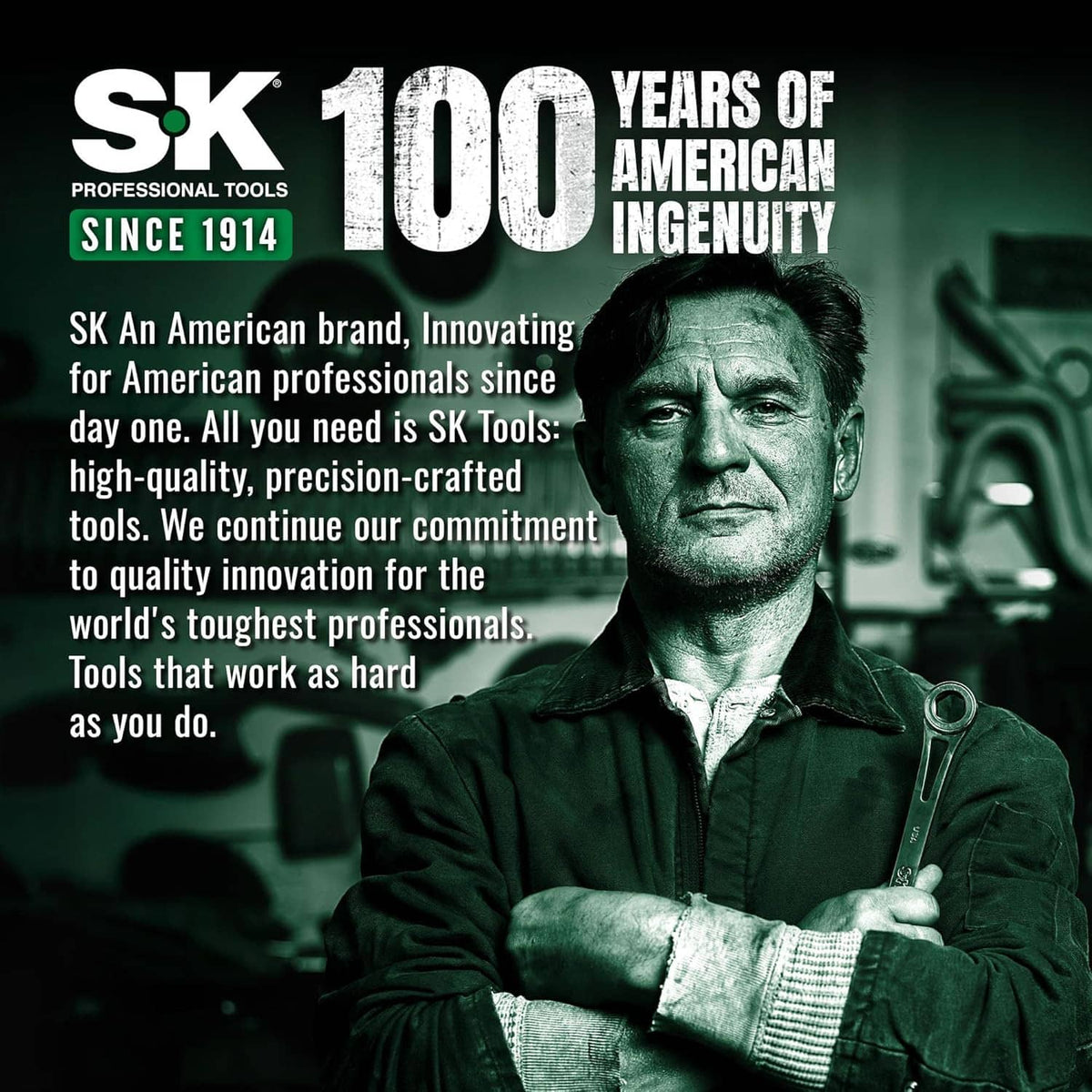 Promotional graphic featuring SK logo and 100 years text with wrench set theme